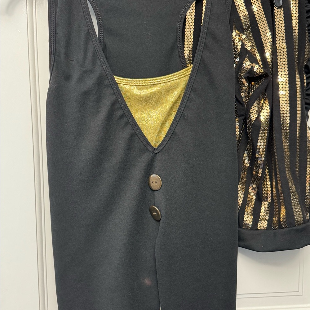 Jazz Dance Outfit Black & Gold Sequin Vest & Bottoms Dance Costume Women’s Sz M